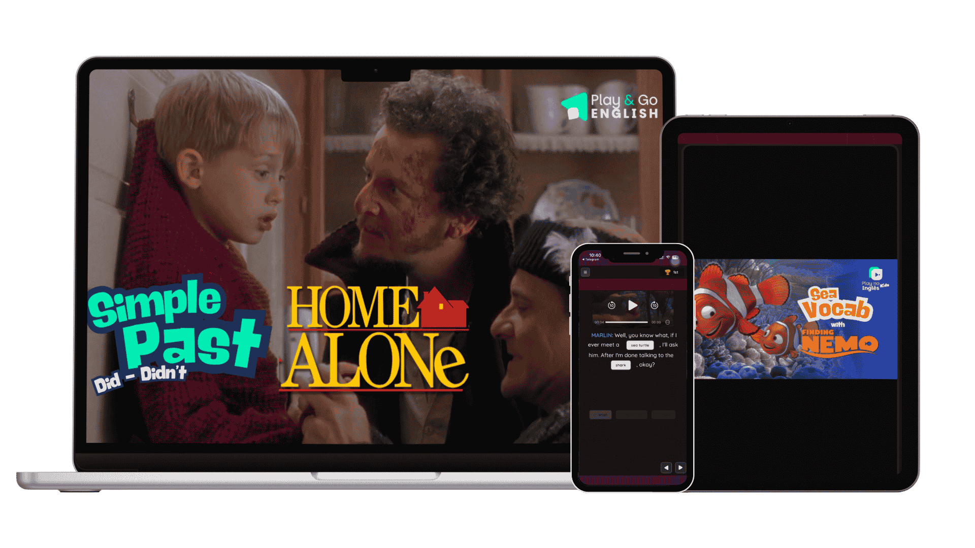 Play & Go English exibido em laptop, tablet e celular